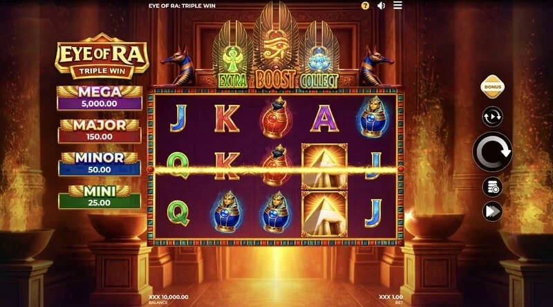 Eye of Ra Triple Win - tela principal do jogo com cinco cilindros